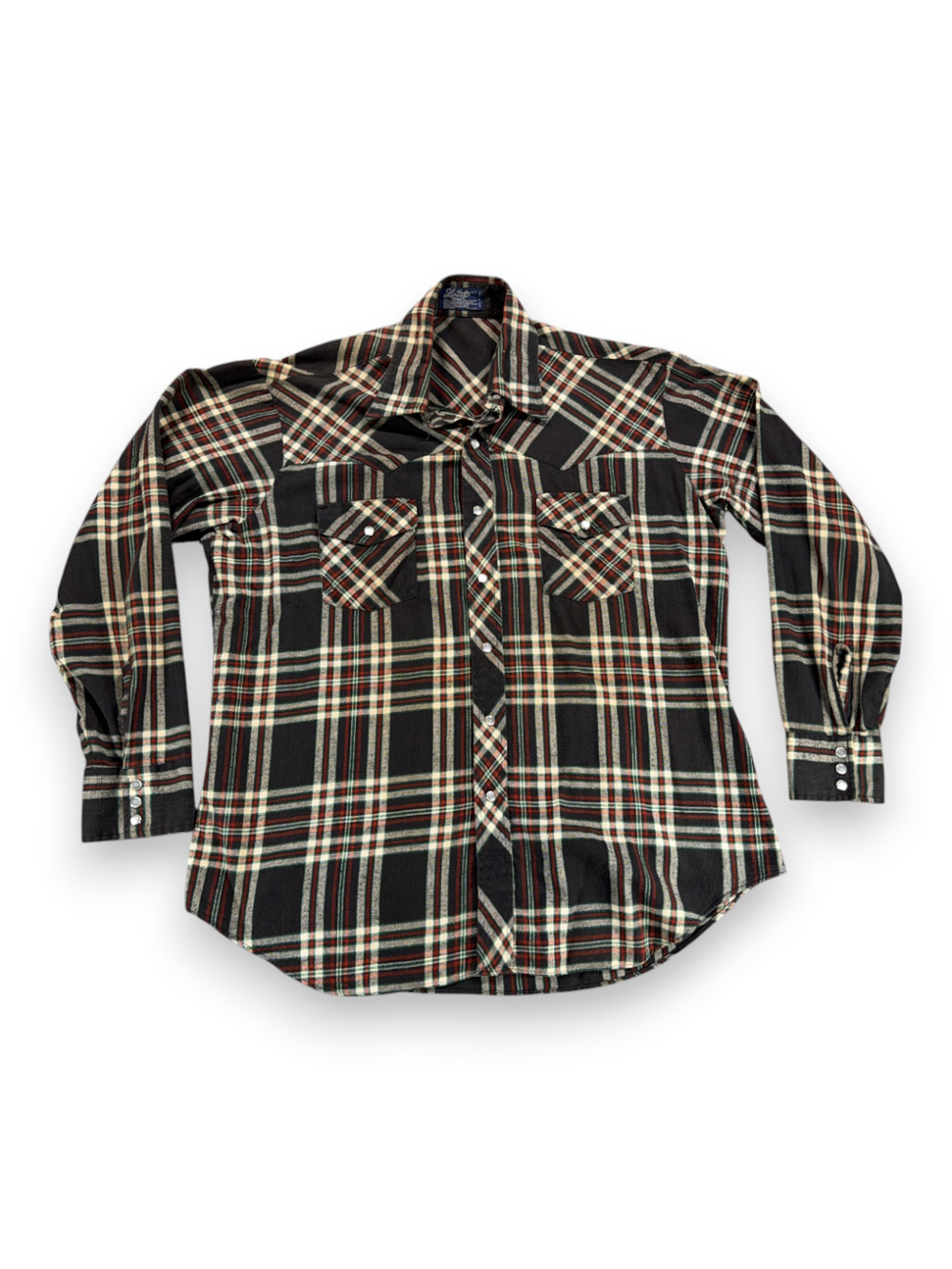 Vintage Lariat Western Shirt Adult LARGE Black Plaid Flannel Pearl Snaps 80s